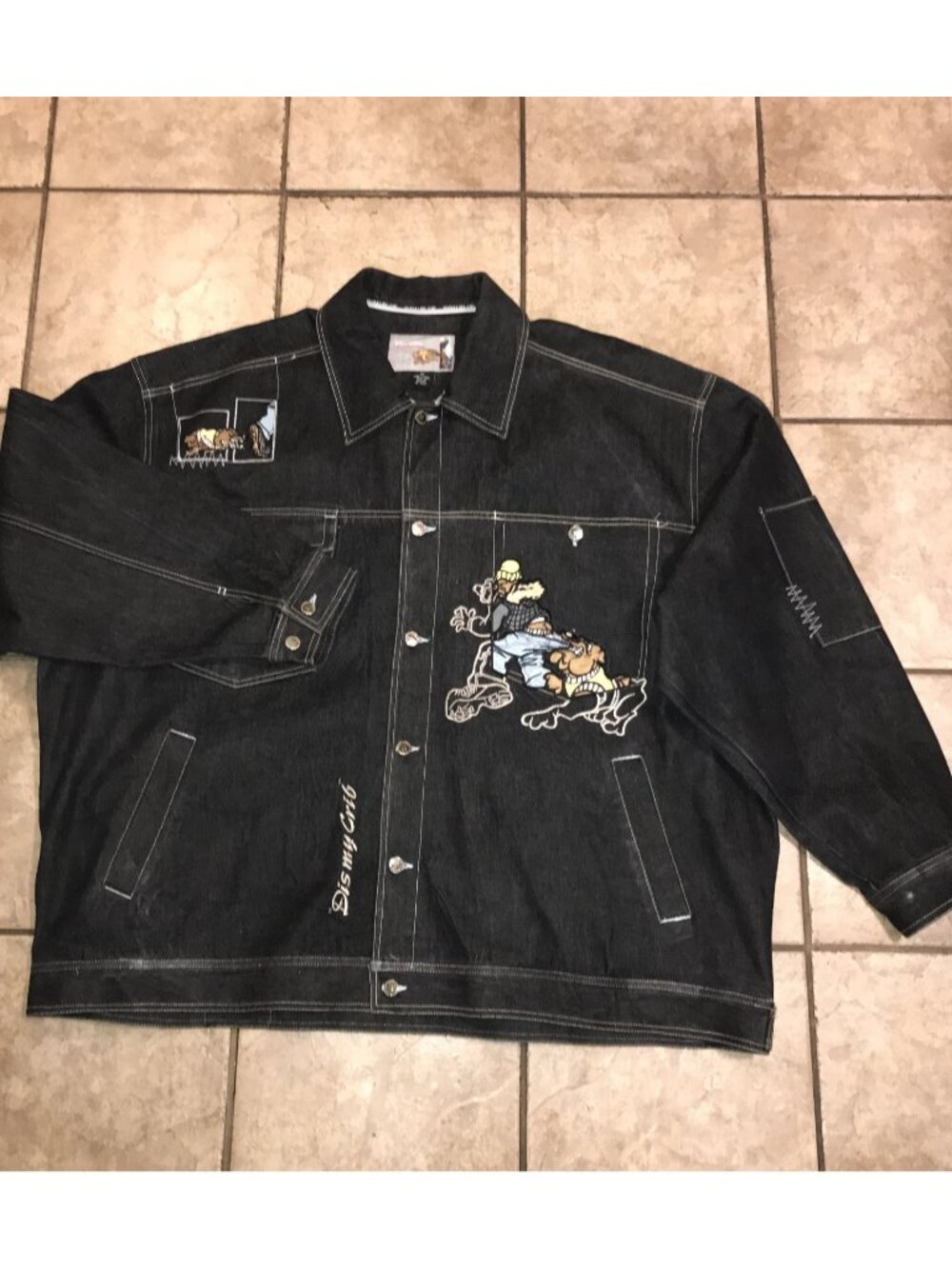 Men's Vintage Raw Blue Embroidered Denim Jacket-Hip Hop -Size 4XL